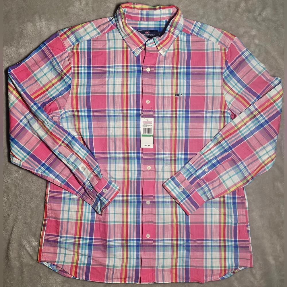 Vineyard Vines Plaid Cotton‎ Slub Whale Shirt Large Colorful Embroidered